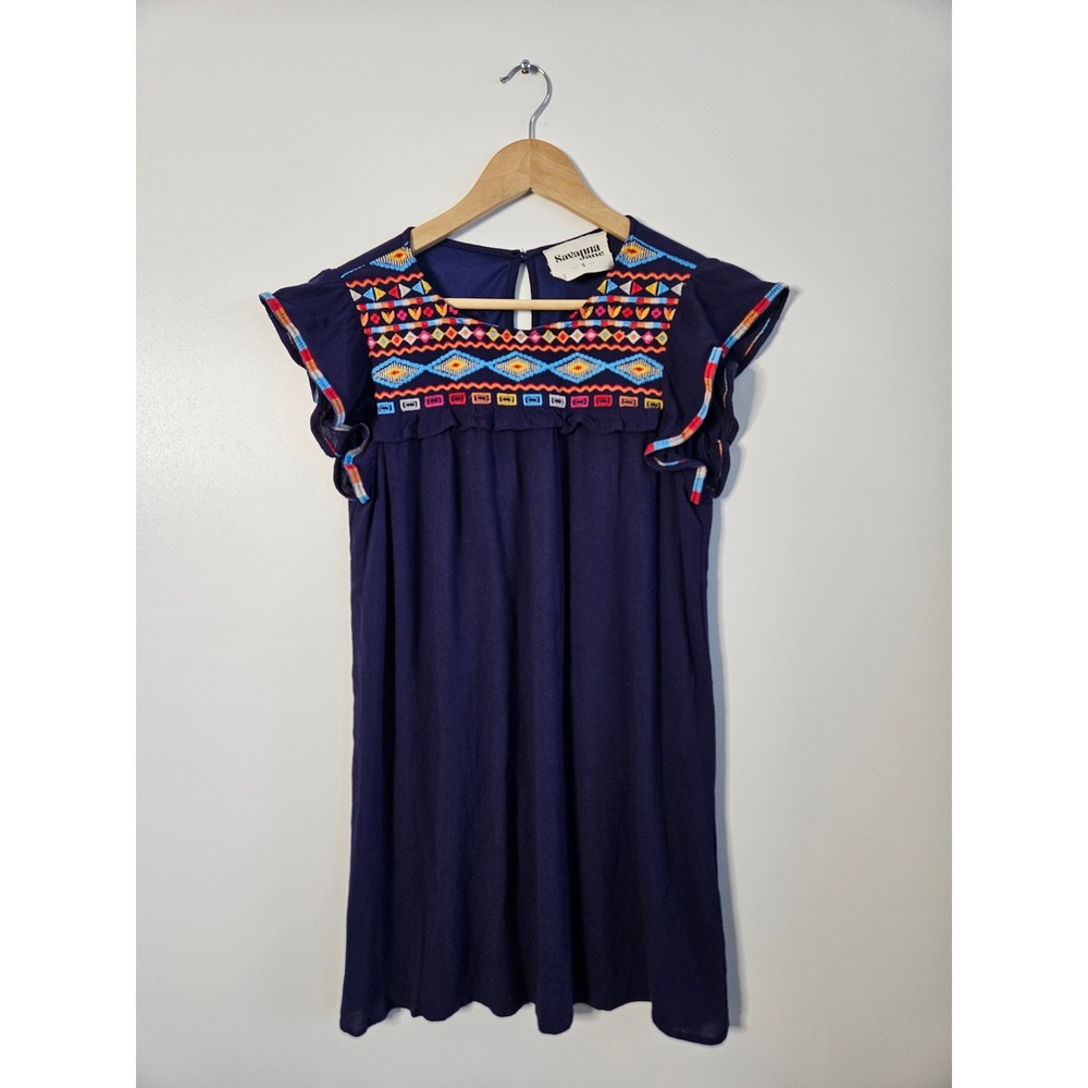 Savanna Jane Navy Blue Embroidered Boho Shift‎ Dress Flutter Sleeve Womens Small